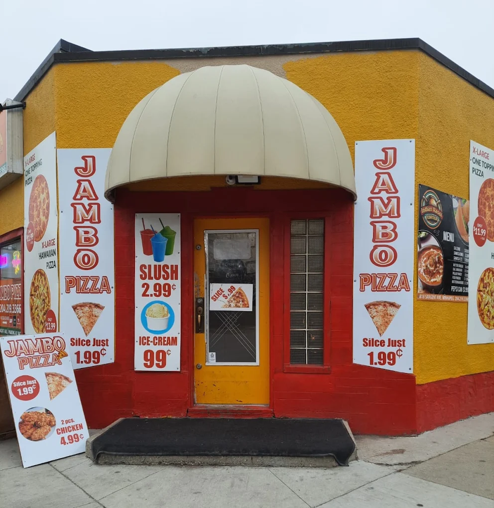 Jambo Pizza restaurant entrance at 818 Sargent Ave in Winnipeg's West End