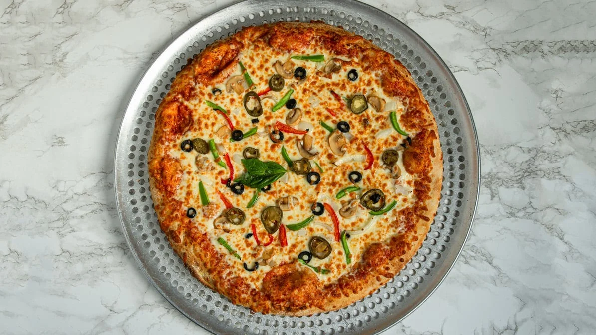 Spicy Garden Veggie Pizza with jalapenos, olives and peppers at Jambo Pizza, Winnipeg