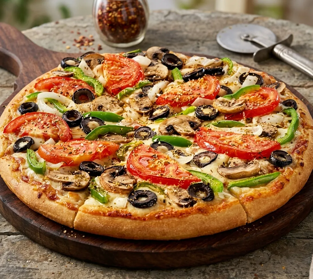Veggie Lovers Pizza with peppers, mushrooms, tomatoes and olives at Jambo Pizza, Winnipeg